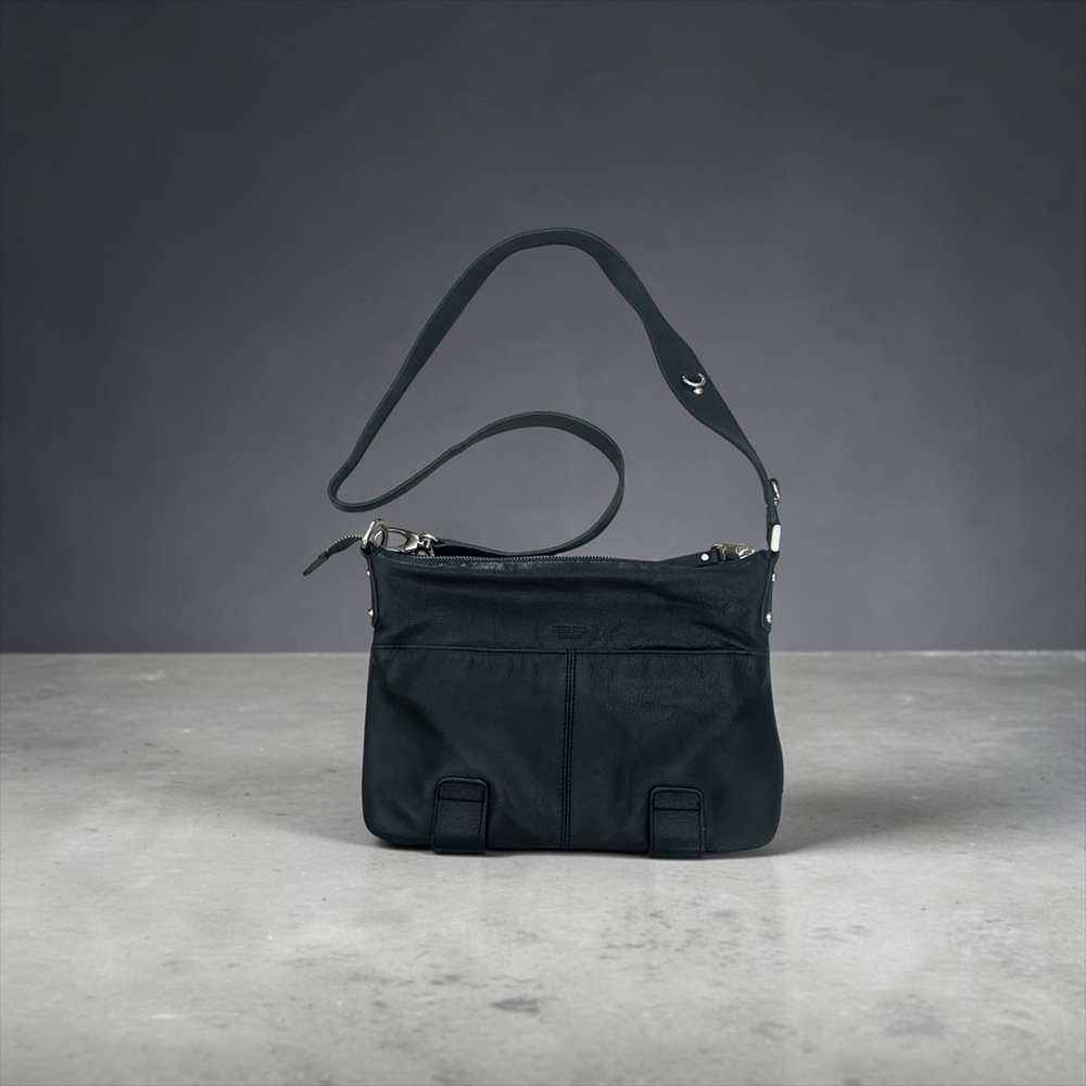 Perlina New York Black Leather Crossbody Shoulder Hand Bag.